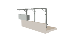 A 3D rendering of davit arms hoisting a powered platform