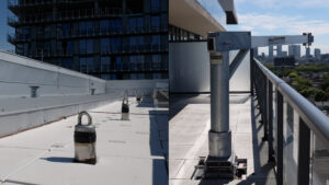 A davit arm and a line of permanent roof anchors that form a fall arrest system