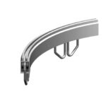 A monorail system's 45 degree curved track on a white background, depicted with other components including a trolley and an end stopper
